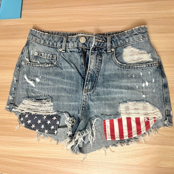 Garage USA American Flag Star-Spangled Banner Denim Jean Pocket Shorts - Picture 1 of 3
